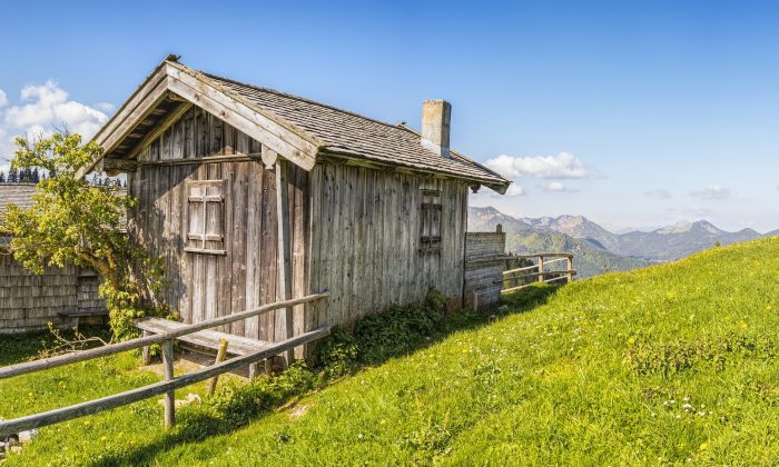 Almhütte auf grüner Wiese