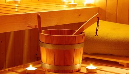 Rötlich beleuchtete Sauna im Kerzenlicht