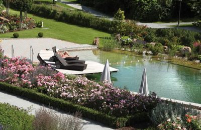 Übersicht vom Naturbadeweiher im Garten