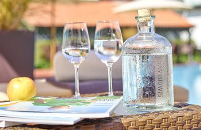 Wassergläser im Garten in der Nahaufnahme